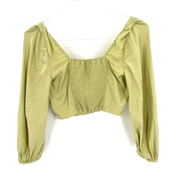 Aritzia Babaton GREEN Hadwyn Puff Sleeve Crop Sweetheart Neckline Linen Blouse - Picture 4 of 6